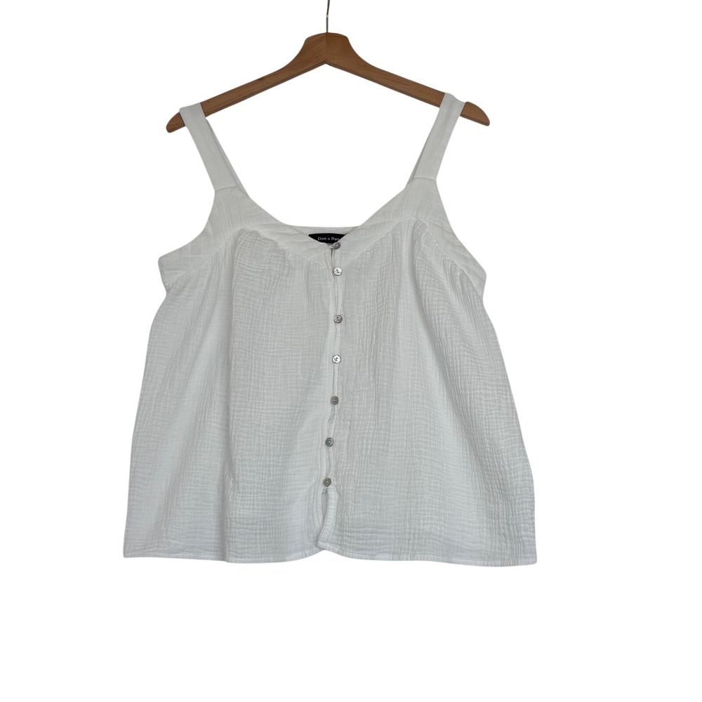 Cottagecore White Cotton Gauze Button Down Tank Top V-Neck Sleeveless S Coastal